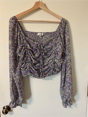 Purple Ditsy Floral Ruched Boho Festival Coachella Long Sleeve Crop Top Sz L